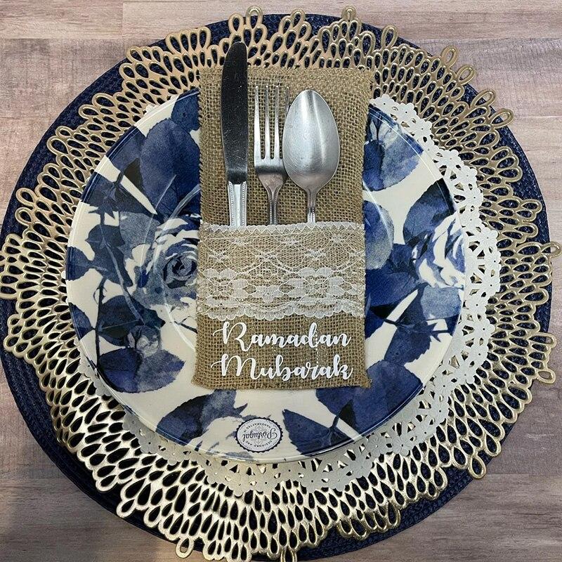 5pcs Eid Ramadan Mubarak Burlap cutlery holder farm Al Adha Muslim Islamic Kareem family dinner Iftar BBQ table decoration gift