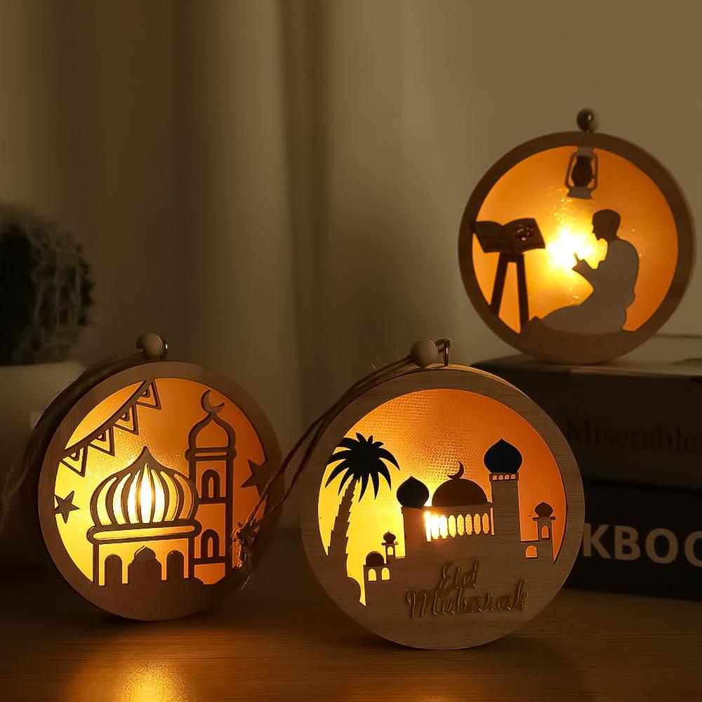 Eid Mubarak Wooden LED Luminous Pendant Ramadan Kareem Parti DIY Islamic Muslim Home Decor Happy Eid Mubarak Party Supplies